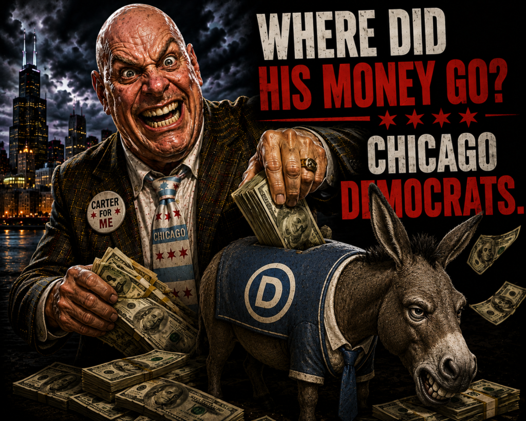 AI image of jeff carter putting stacks of money into a donkey piggy bank representing chicago democrats. the chicago skyline is behind him.